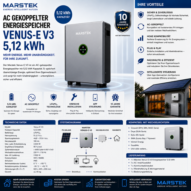 Marstek AC gekoppelter Energiespeicher Batteriespeicher Venus-E 5,12kWh V3